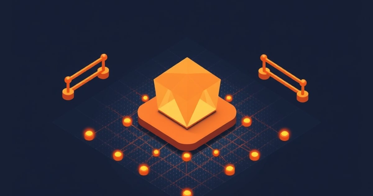 Isometric orange faceted cube on a raised platform, ringed by glowing sensor nodes on a dark grid and flanked by two barrier railings, suggesting guarded AI defenses