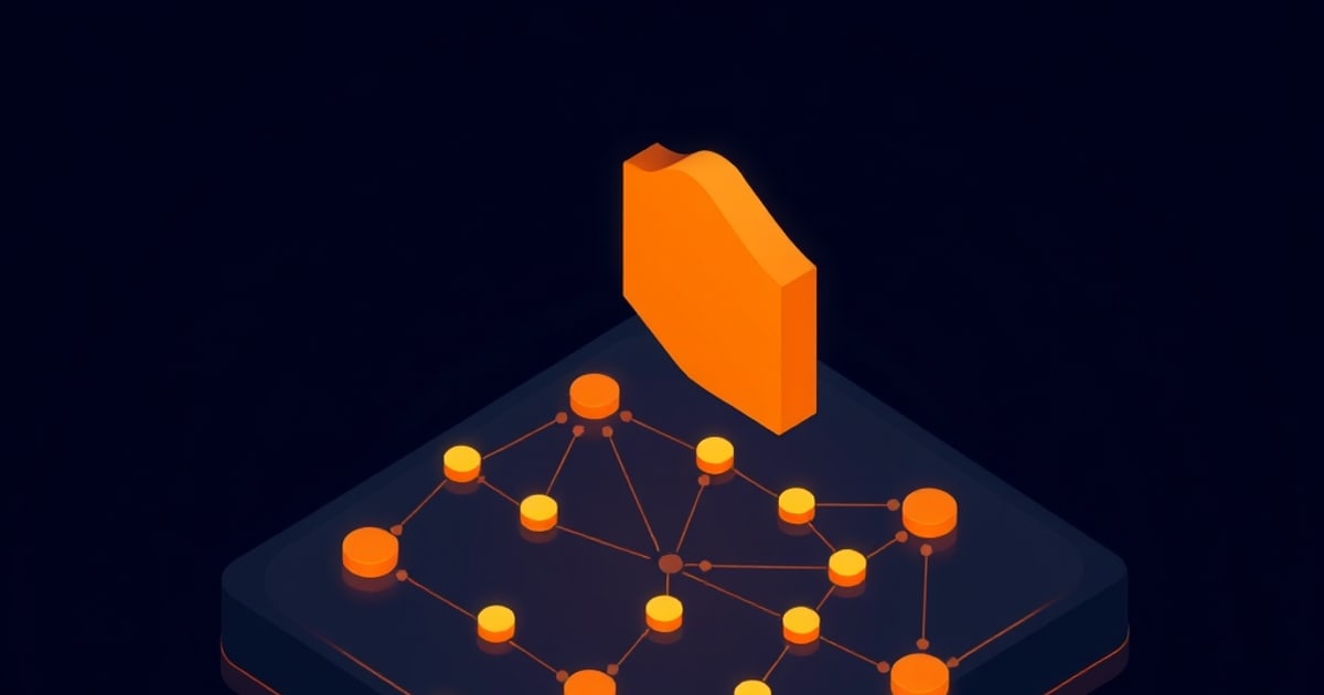 Flat isometric illustration of an amber shield-shaped slab over a navy platform of glowing linked nodes, standing in for a jailbreak benchmark suite.
