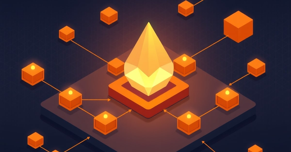 A glowing amber crystal on a dark isometric platform, ringed by orange cube nodes wired together with directional arrows, a stylised view of open source security tools probing an LLM.