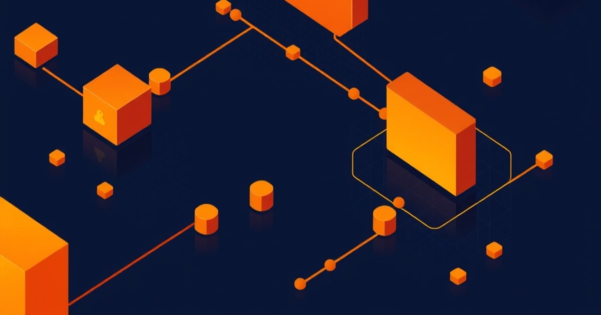 Flat isometric illustration of orange cubes and cylinders scattered on dark navy and joined by thin lines, suggesting a payload split into fragments.